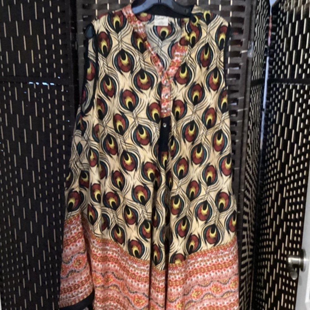 Vintage Handkerchief Sleeveless Dress (SIZE- L-XL) (Color: Peacock)